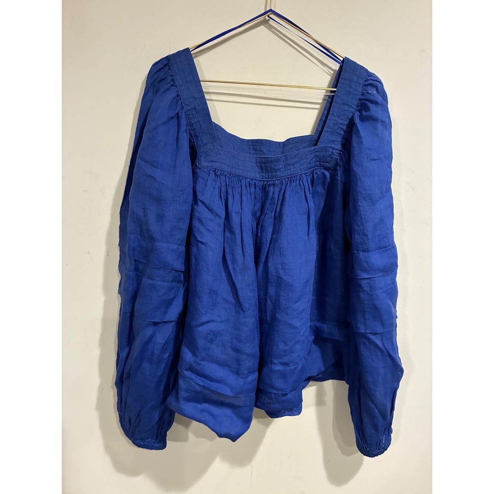 Banana Republic Blue Ramie Puff Sleeve Square Neck Blouse Small